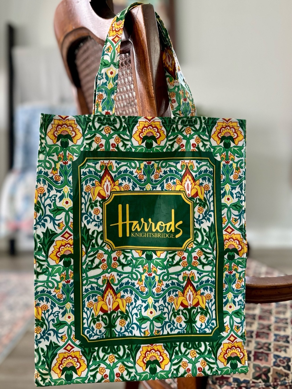 Vintage Harrods Green Floral Tote Bag